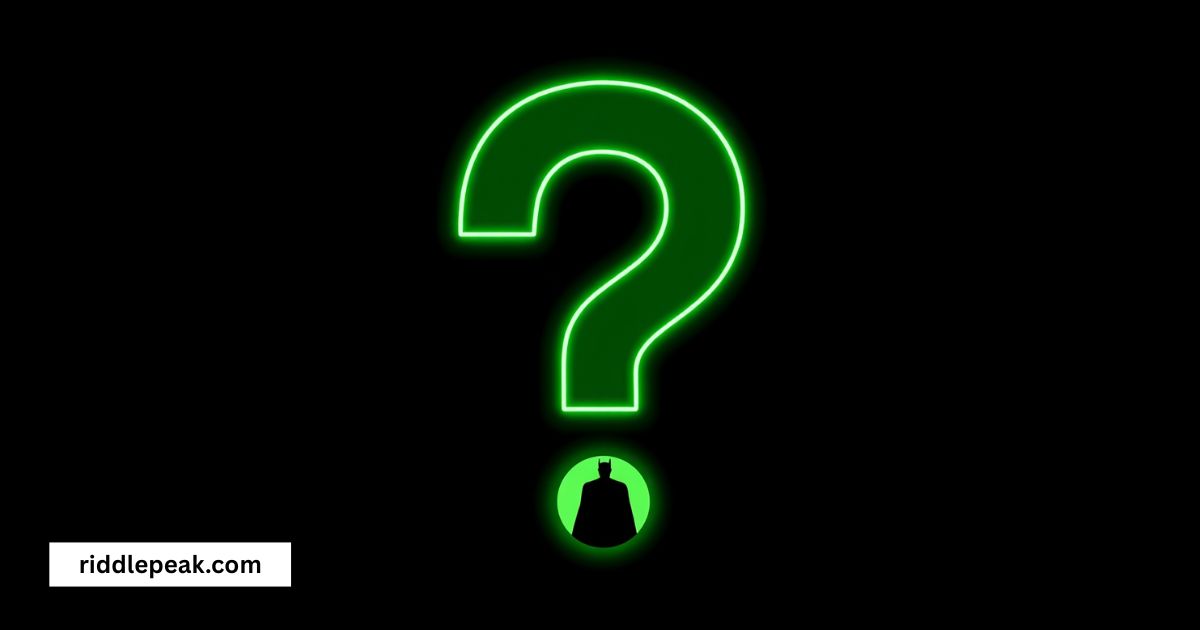 Riddler-style Batman riddles for kids , green question mark with Batman silhouette Gotham dark background