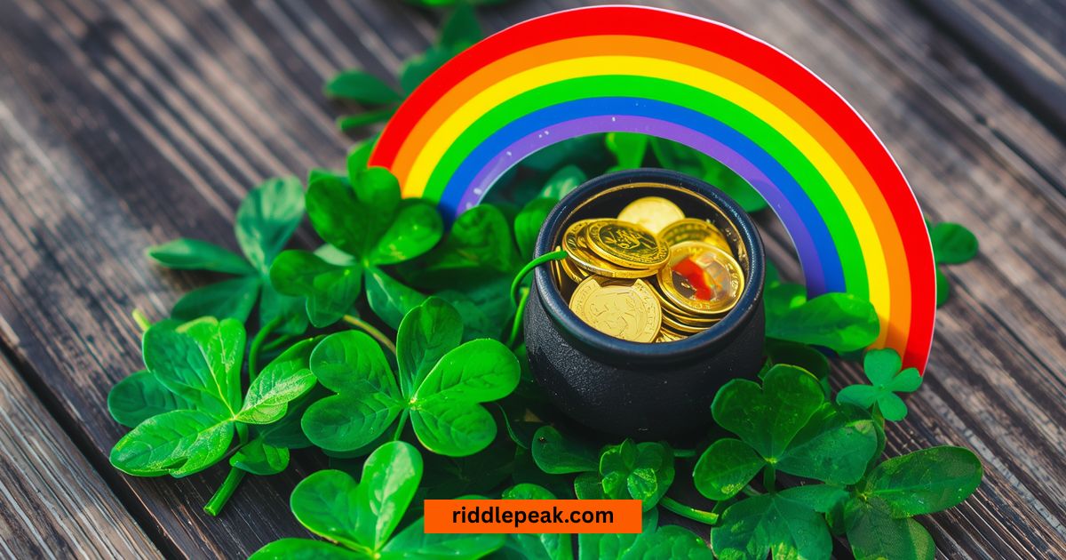 St. Patrick's Day riddles for kids with shamrocks and pot of gold