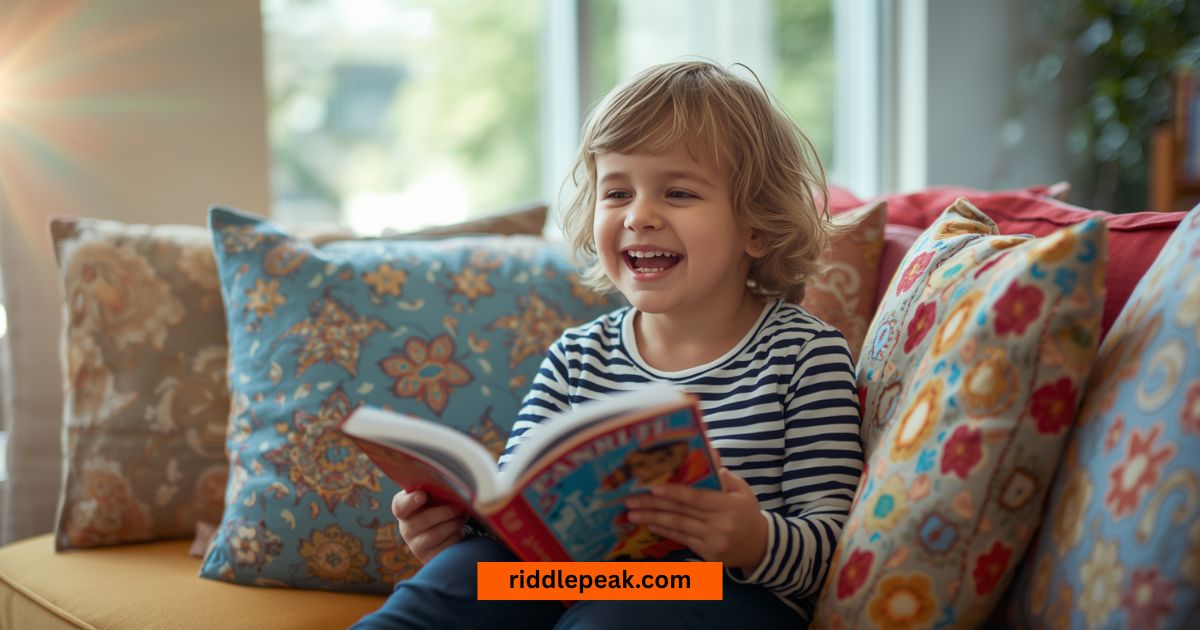 funny library riddles for kids — laughing child reading in library