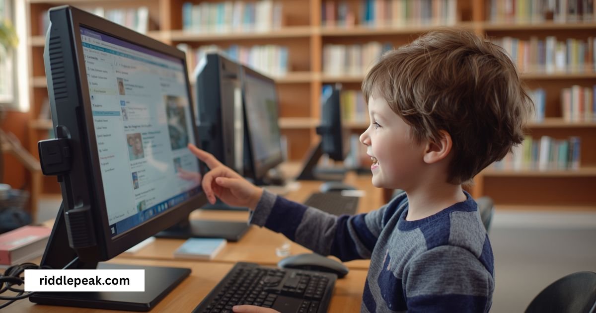 medium library riddles for kids — child searching library catalog on computer
